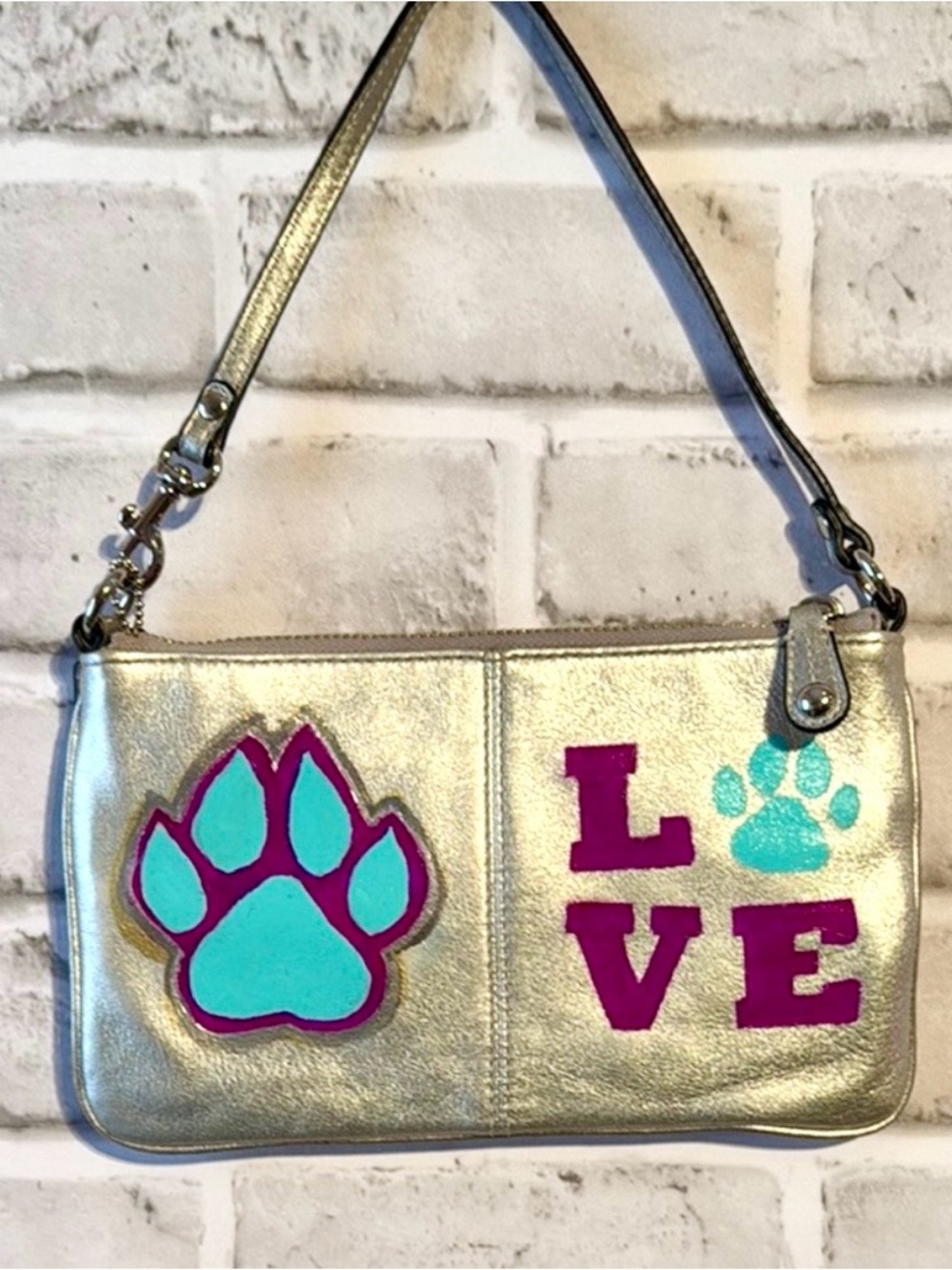 Coach Silver Wristlet Clutch Custom Hand Painted Paw Print LOVE Dog Lover Gift - Picture 2 of 6